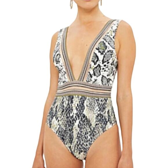 Ted Baker S Womens Babita Snakeskin Print Swimsuit Deep V Pool Resort *flaw - Picture 1 of 12